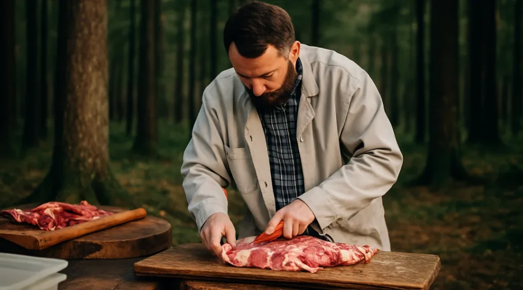 Un homme découpe de la viande sur une planche à découper dans les bois.
