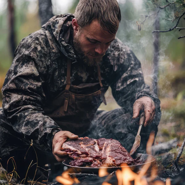 Un homme cuisine de la viande sur un grill en plein air.